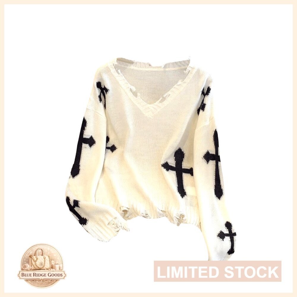 Ripped Graphic Sweater V Neck Drop Shoulder Casual Pullover Y2K Grunge Style